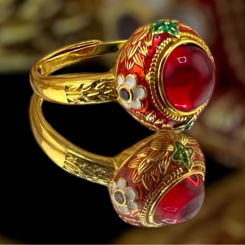 Anthropologie Red and Gold Floral Ring